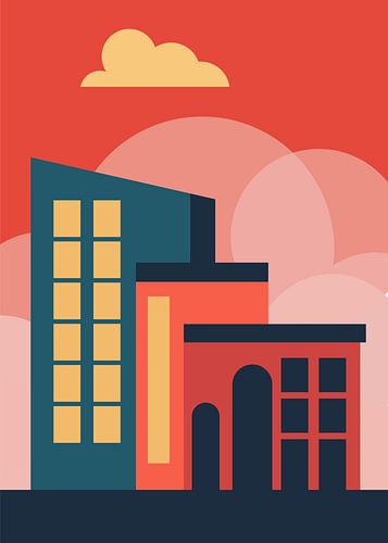 Illustrations modernes de bâtiments urbains aux formes géométriques, dans un style vectoriel plat et minimaliste, avec des couleurs rétro éclatantes