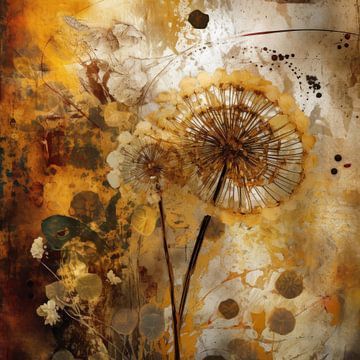 Het gefluister van de wind: Rustieke paardenbloem dromen in abstracte collage van Floral Abstractions