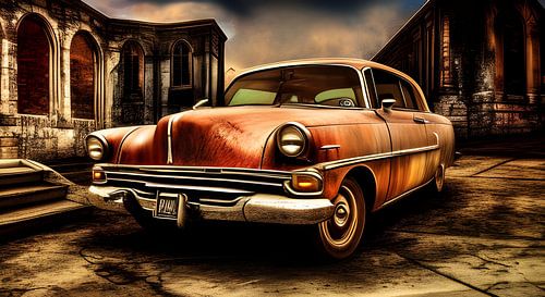 Oldtimer bij ruïne van kerk