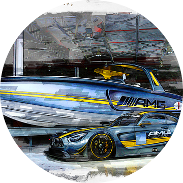 Mercedes AMG speedboot en sportwagen schilderij aquarel van Bert Hooijer