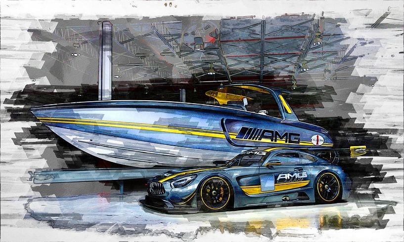 Mercedes AMG Schnellboot- und Sportwagen-Aquarellfarbe von Bert Hooijer