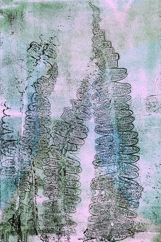 Abstract Botanisch. Varens in roze, groen en grijs.