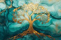 Golden tree on turquoise background