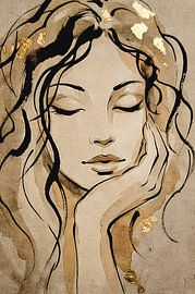 Dans mes pensées - dessin Wabi Sabi aux tons dorés et taupe sur Emiel de Lange