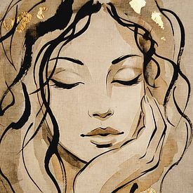 In gedachten - goud en taupe Wabi Sabi tekening van Emiel de Lange