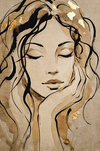 In Gedanken – Gold und Taupe, Wabi-Sabi-Zeichnung von Emiel de Lange