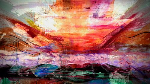 Storm sunset over ancient shores - where fire meets water in layered memory. by Tymn Lintell