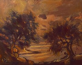 Two olive trees during sunset