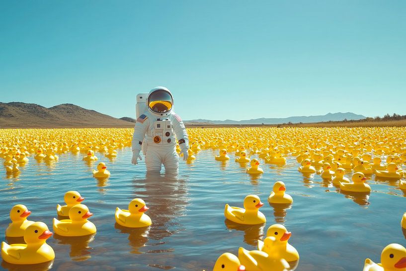Un astronaute dans une mer de canards en caoutchouc par Poster Art Shop