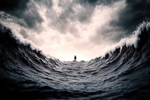 Un homme courageux face aux vagues qui déferlent