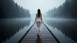 Woman behind a tropical leaf in soft morning light by Retinas images