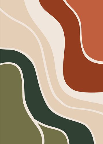 Minimalistische, platte abstracte illustratie van dynamische golvende lijnen en organische vormen in bohemienstijl.