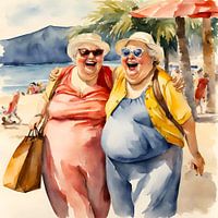 2 gezellige dames op een tropisch strand