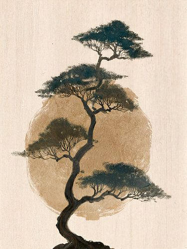 Bonsai-Stil „Japandi“: Kiefer mit einer beige-goldenen Sonne auf strukturiertem Hintergrund