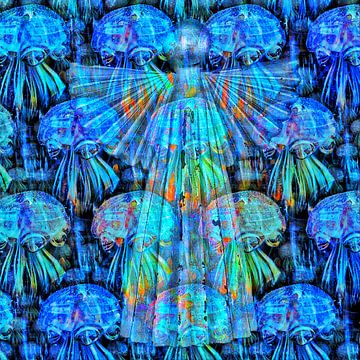 Blauwe zee-engel in een  grafisch decor van kwallen