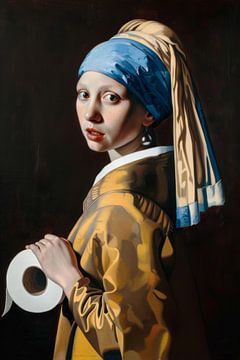 Moderne Vermeer: Het meisje met de pareldoek en de wc-rol | Amusante badkamer elegantie van Poster Art Shop