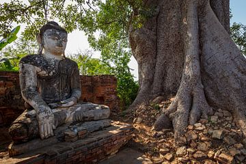 Standbeeld in de tempels van Ava in Myanmar van Roland Brack