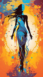 tanzendes Mädchen auf dem Hintergrund des farbenfrohen Splash-Art-Designs vertikal