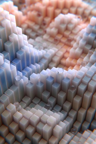 Abstract landscape of angular columns with spheres with lens distortions by Jörg Hausmann