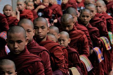 Monks waiting in line at a monastery in Myanmar