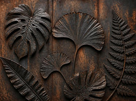 Botanisches Bronzerelief in dunklem Eisen und Patina