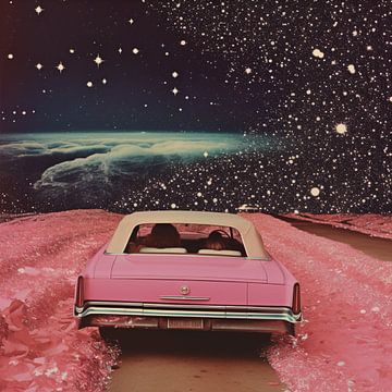 Roze cruise in de ruimte collage kunst van Samantha Hearn