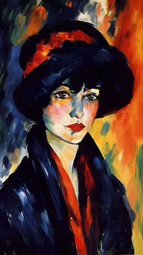 Woman with black hat and red ribbon