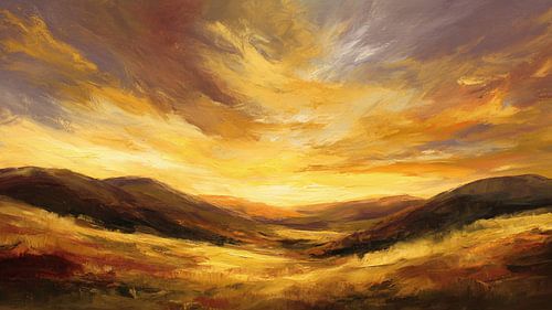 Die goldene Stunde über stillen Gipfeln: Impressionistisches Landschaftsgemälde bei Sonnenuntergang von Artistic