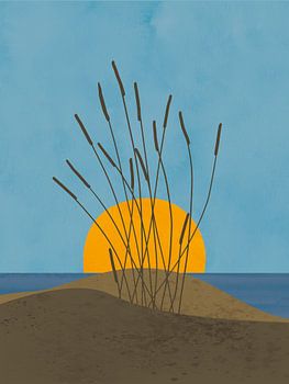 Minimalist illustration of dunes and an orange sun
