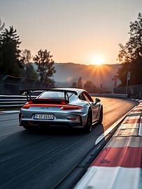 La Porsche 911 GT3 RS argentée sur la piste du coucher de soleil