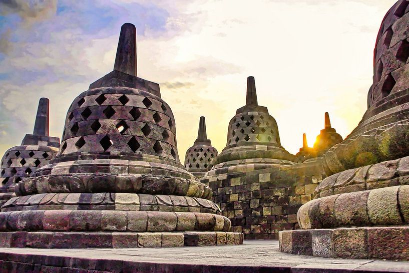 Stupas on the Borobudur by Eduard Lamping