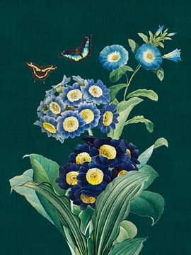 Vintage lentebloemen en vlinders - donker groenblauw van Bloomery Decor