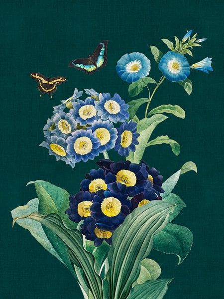 Vintage spring flowers and butterflies - dark teal by Bloomery Decor