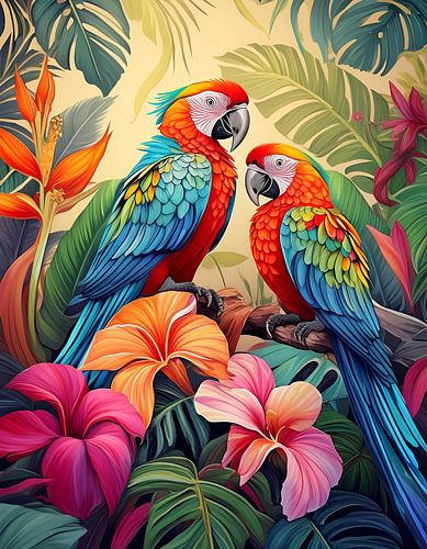 parrot couple with tropical leaves and flowers