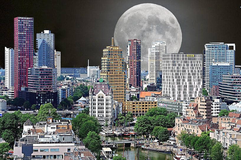 Rotterdam with a super moon (mixed media) by Art by Jeronimo