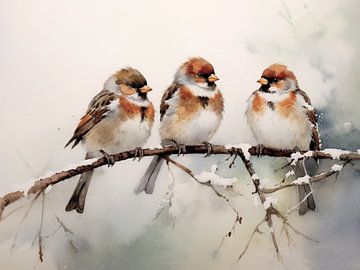 3 sparrows on a branch by Color Square