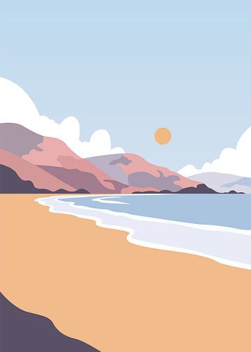 Minimalistische platte illustratie van een zonnige kustlijn met glooiende bergen en goudkleurig zand.