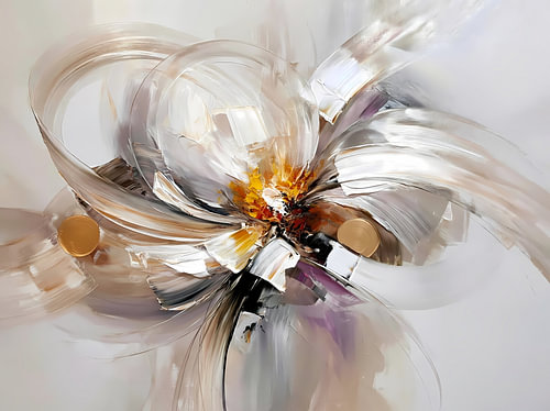Ivoor Goud Abstract Schilderij: Linten die Dansen rond een Bloeiend Hart