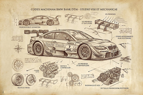 Een technische illustratie van een DTM-auto, gepresenteerd in de stijl van Leonardo da Vinci.