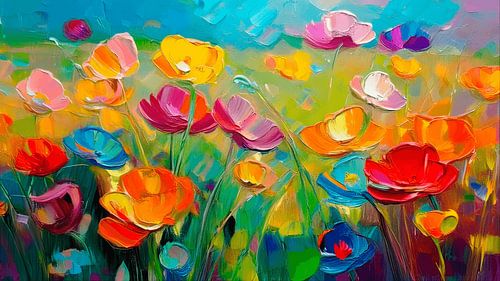 A modern abstract poppy field in bright colours