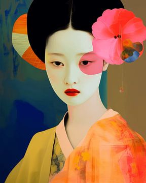 Geisha in neon colours, modern portrait by Carla Van Iersel