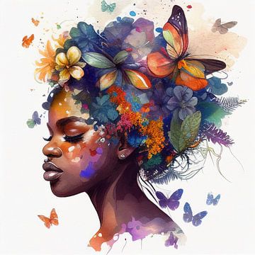 Aquarel vlinder Afrikaanse vrouw #7 van Chromatic Fusion Studio