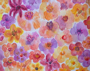 Flower power. Aquarel van vrolijke zomerbloemen in jaren 70 stijl) van Birgitte Bergman