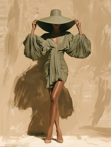 Haute Couture Elegance – Fashion portrait featuring an olive-green sun hat and a picturesque texture