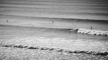Lijnenspel van de golven met surfers in zwart wit