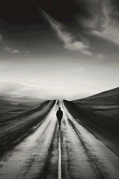 Lonely hiker - black and white photograph of an endless road by Poster Art Shop