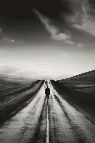 Eenzame wandelaar - zwart-wit foto van een eindeloze weg