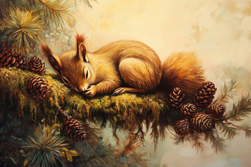 A dozing squirrel in golden moss