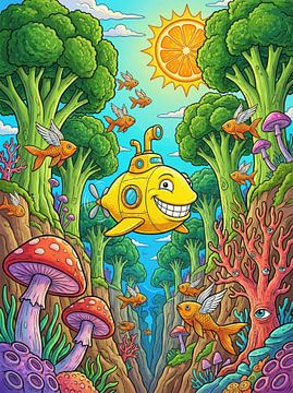 Gelbes lächelndes U-Boot, das durch eine psychedelische Landschaft fliegt von Markus Gann