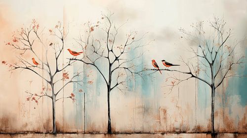 Landschap met vogels in bomen